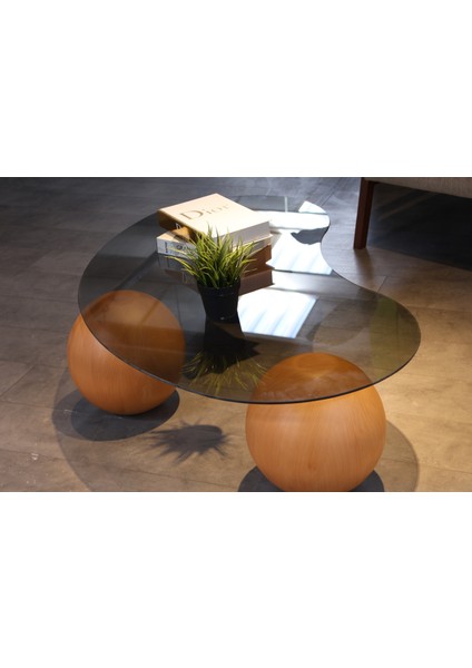 Modern Orta Sehpa & Top Sehpa Cam Sehpa & Küre Orta Sehpa - Meşe Top - Fasulye - Füme Cam