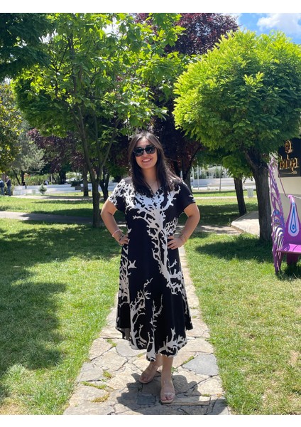 Siyah Mercan Desenli Yazlık Salaş Elbise – Rahat Bol Kesim, Büyük Beden Uyumlu 36-50