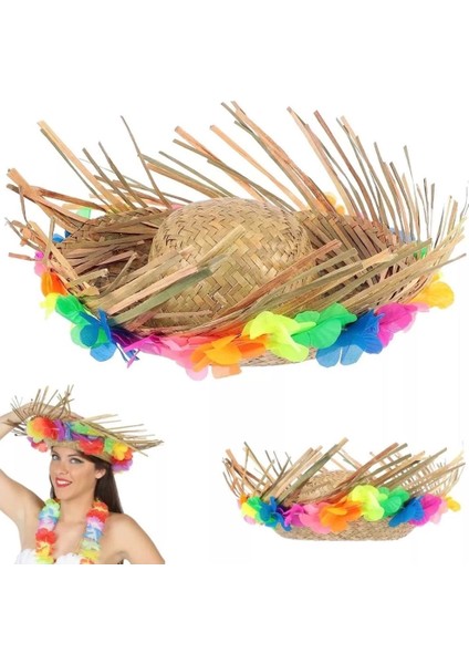 Bfs Naturel Renk Püsküllü Örme Hasır Hawaii Luau Aloha Şapka 13X36 cm