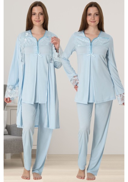 Mavi Sabahlıklı Hamile Lohusa Pijama Takımı