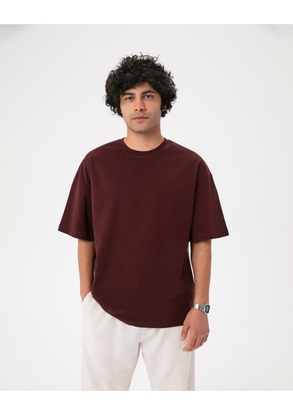 Erkek Bordo Kahverengi Oversize T-Shirt - Organik Pamuk, Düşük Omuz, Geniş Kalıp, Bisiklet Yaka, Spor Görünüm