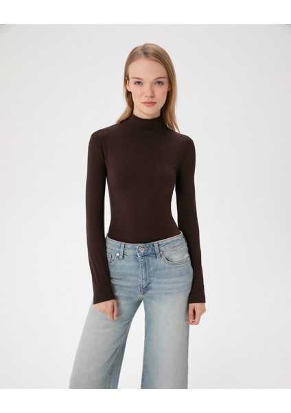Kadın Kahverengi Balıkçı İçlik - EcoVero™ Viskoz, Yarı Balıkçı Yaka, Uzun Kollu, Tek Kat İnce Isı Katmanı