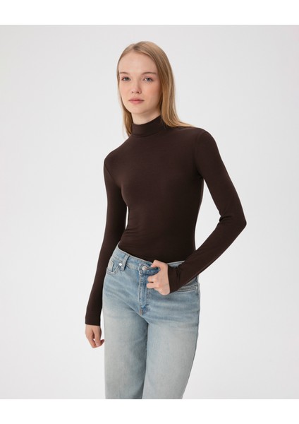 Kadın Kahverengi Balıkçı İçlik - EcoVero™ Viskoz, Yarı Balıkçı Yaka, Uzun Kollu, Tek Kat İnce Isı Katmanı indirimleri