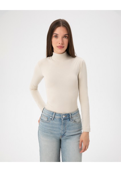 Kadın Krem Balıkçı İçlik - EcoVero™ Viskoz, Yarı Balıkçı Yaka, Uzun Kollu, Tek Kat İnce Isı Katmanı