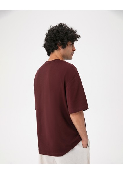 Erkek Bordo Kahverengi Oversize T-Shirt - Organik Pamuk, Düşük Omuz, Geniş Kalıp, Bisiklet Yaka, Spor Görünüm fiyatları