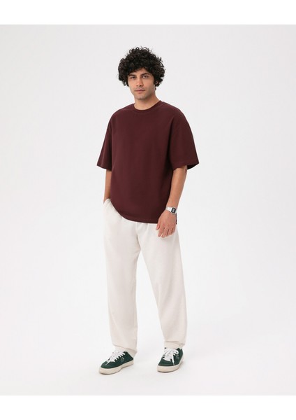 Erkek Bordo Kahverengi Oversize T-Shirt - Organik Pamuk, Düşük Omuz, Geniş Kalıp, Bisiklet Yaka, Spor Görünüm fırsatları