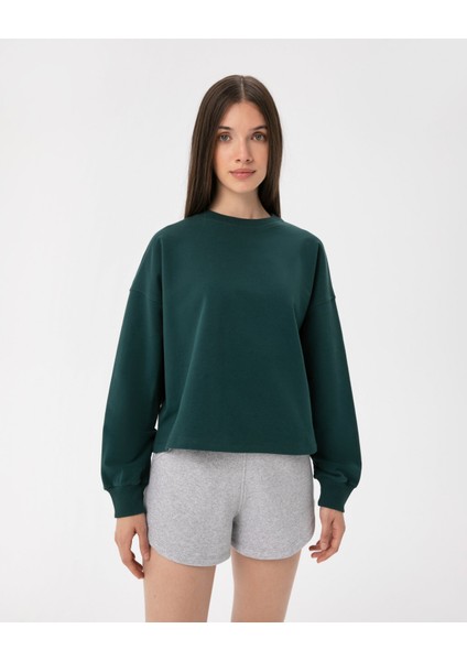 Kadın Koyu Yeşil Basic EasySize Sweatshirt - Uzun Kollu, Basic Fit, Sertifikalı Organik Pamuk, Günlük ve Spor Sweat