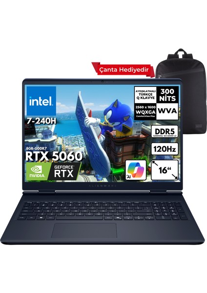 Alienware 16 Aurora 7-240H 40-Gbddr5 2 Tbssd RTX5060 (8gb-Gddr7) 16" 2k Wqxga 120Hz Windows 11 Home Taşınabilir Bilgisayar + Sırt Çantası AC16250-C716156WHMF10