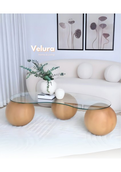 Modern Orta Sehpa & Top Sehpa Cam Sehpa & Küre Orta Sehpa - Açık Ceviz Top - Fasulye - Şeffaf Cam