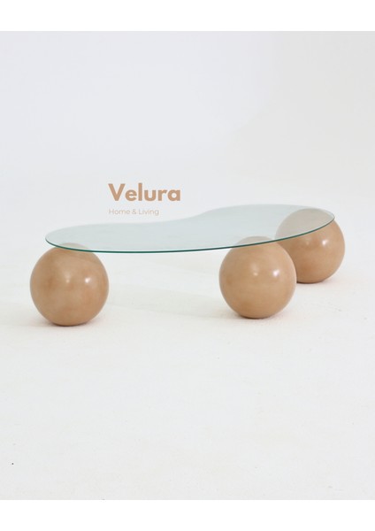 Modern Orta Sehpa & Top Sehpa Cam Sehpa & Küre Orta Sehpa - Açık Ceviz Top - Fasulye - Şeffaf Cam