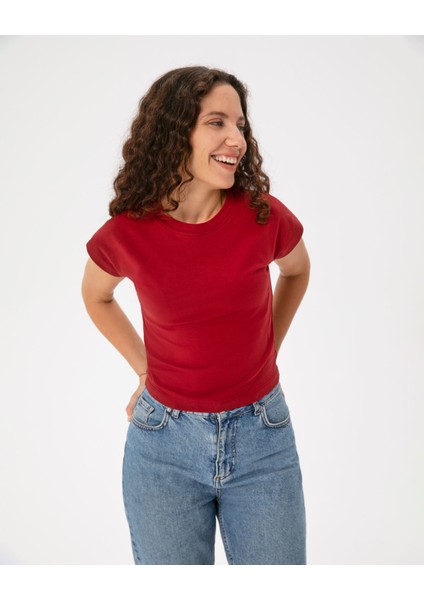 Kadın Bordo Koyu Kırmızı Basic Half Crop T-Shirt - Organik Pamuk, Yarı Crop Boy, Kısa Kollu, Rahat Kesim Basic Tee modelleri