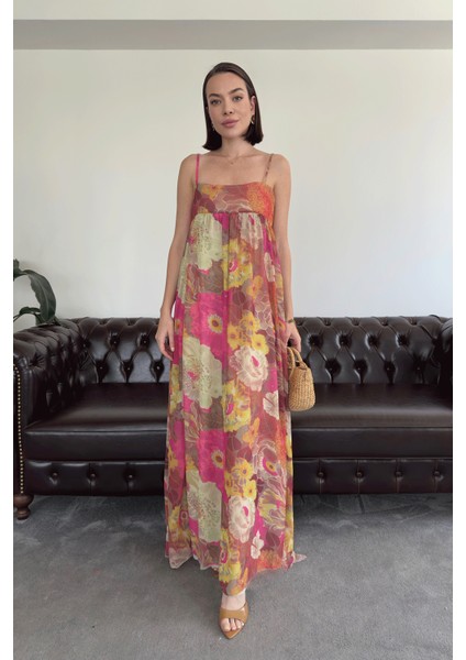 Baskılı Ince Askılı Şifon Elbise- Yeşil