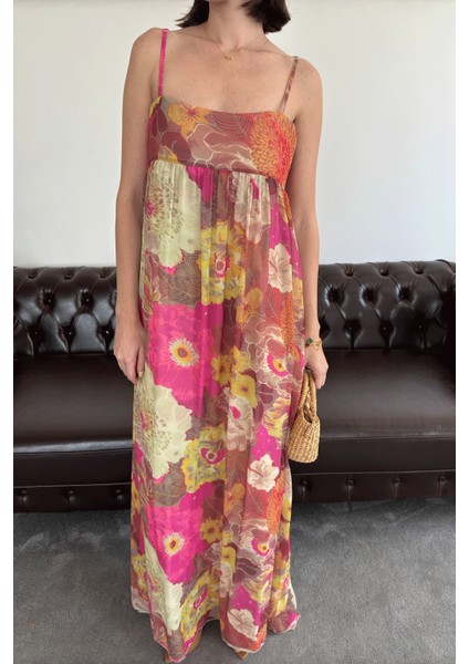 Baskılı Ince Askılı Şifon Elbise- Yeşil fiyatları