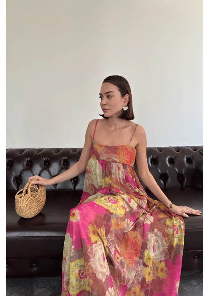 Baskılı Ince Askılı Şifon Elbise- Yeşil modelleri