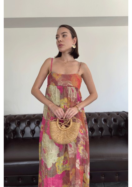 Baskılı Ince Askılı Şifon Elbise- Yeşil fırsatları