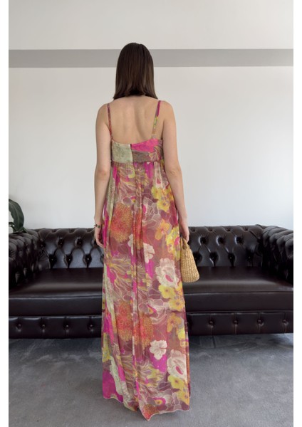 Baskılı Ince Askılı Şifon Elbise- Yeşil indirimleri