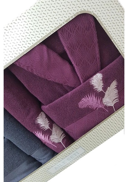 Pamuklu 6 Parça Aile Bornoz Seti-Golden Palm Antrasit Mürdüm fiyatları