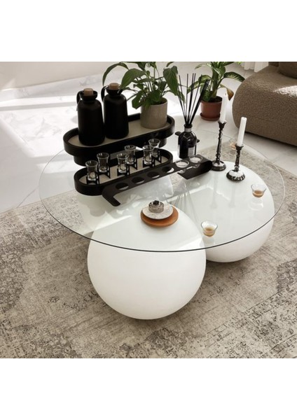 Modern Orta Sehpa & Top Sehpa Cam Sehpa Küre Orta Sehpa - Beyaz Top - Yuvarlak - Füme Cam