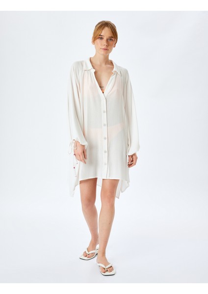 Düğmeli Uzun Kollu Arkası Baskı Detaylı Viskon Plaj Elbisesi modelleri