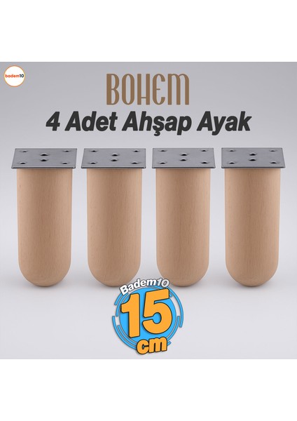 Bohem 4 Adet Doğal Ahşap 15 cm Silindir Ayak Set Mobilya Koltuk Kanepe Sehpa Masa Ayağı Ayakları