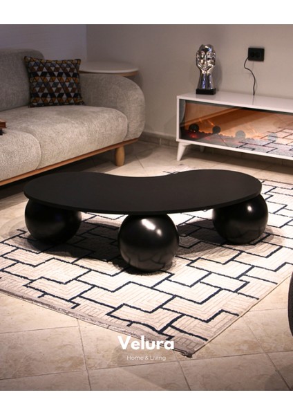 Modern Orta Sehpa & Top Sehpa Cam Sehpa & Küre Orta Sehpa - Siyah Top - Fasulye - Siyah Mdf