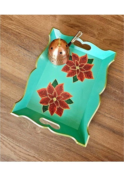 El Yapımı Ahşap Boyama Tepsi - Kırmızı Çiçek Motifli, Dekoratif ve Sunum Için Özel Tasarım