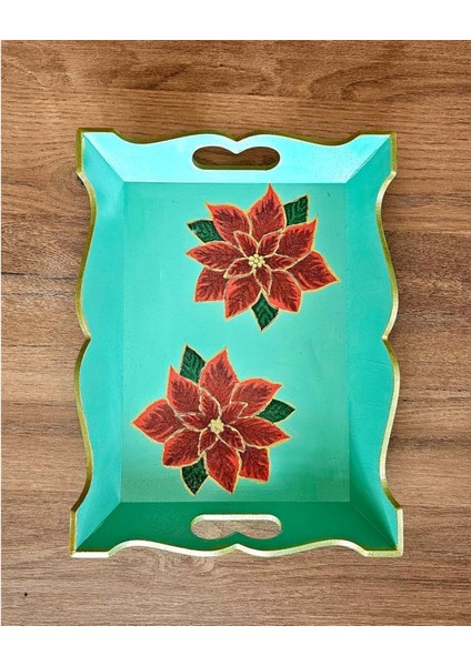 El Yapımı Ahşap Boyama Tepsi - Kırmızı Çiçek Motifli, Dekoratif ve Sunum Için Özel Tasarım fiyatları