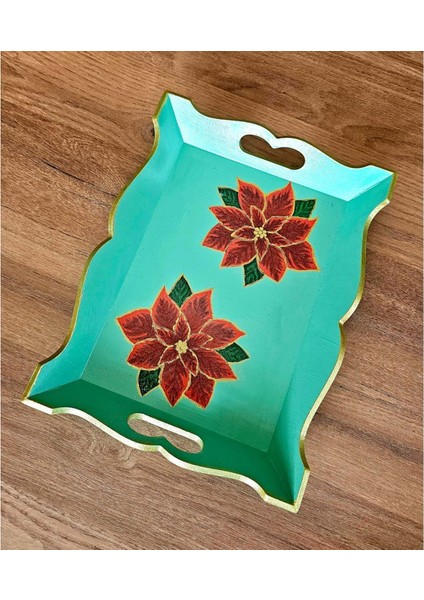 El Yapımı Ahşap Boyama Tepsi - Kırmızı Çiçek Motifli, Dekoratif ve Sunum Için Özel Tasarım modelleri