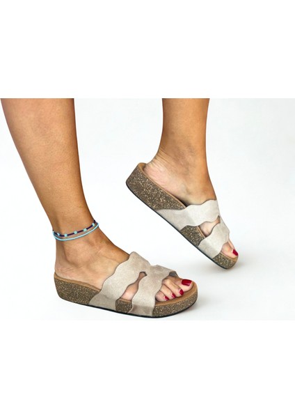 Bej Süet Hakiki Deri Kadın Günlük Terlik