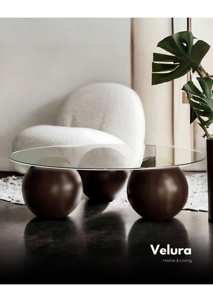 Modern Orta Sehpa & Top Sehpa Cam Sehpa & Küre Orta Sehpa - Koyu Ceviz Top - Yuvarlak - Şeffaf Cam