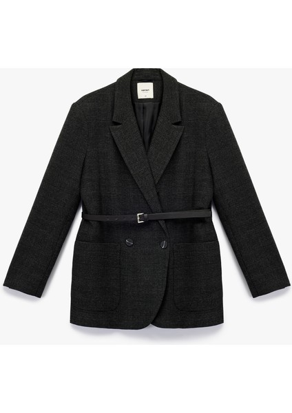 Uzun Kollu Cepli Kruvaze Kemerli Blazer Ceket