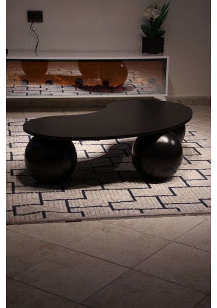 Modern Orta Sehpa & Top Sehpa Cam Sehpa & Küre Orta Sehpa - Siyah Top - Fasulye - Siyah Mdf