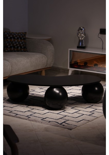 Modern Orta Sehpa & Top Sehpa Cam Sehpa & Küre Orta Sehpa - Siyah Top - Fasulye - Siyah Mdf