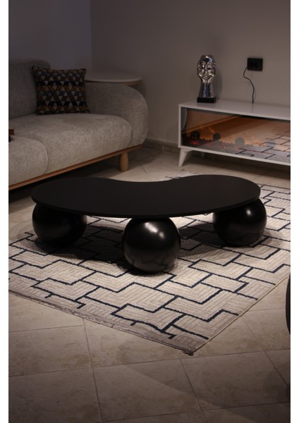 Modern Orta Sehpa & Top Sehpa Cam Sehpa & Küre Orta Sehpa - Siyah Top - Fasulye - Siyah Mdf