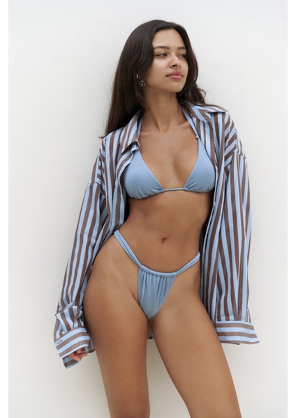 Rosy Transparan Çizgili Mavi Oversize Gömlek modelleri