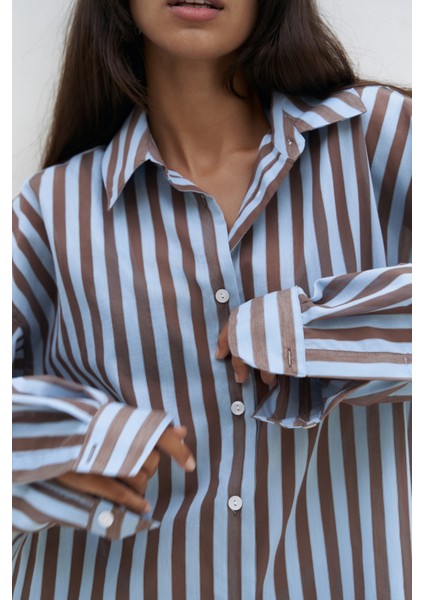 Rosy Transparan Çizgili Mavi Oversize Gömlek