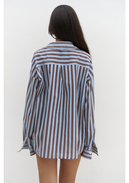 Rosy Transparan Çizgili Mavi Oversize Gömlek