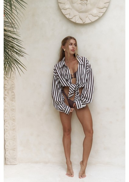 Rosy Transparan Çizgili Kahve Oversize Gömlek modelleri