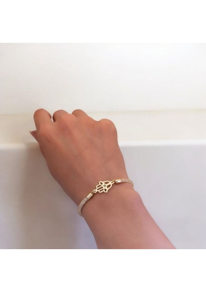 B Harfine Özel Hamsa Motifli 14 Ayar Altın Plakalı Hasır Kordonlu Hediye Bileklik-499Harf