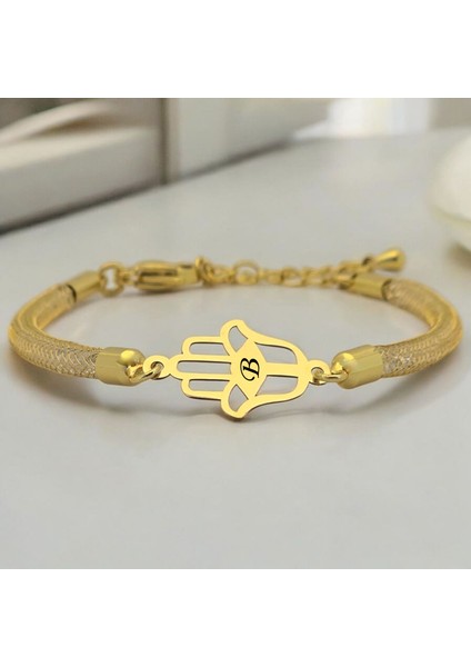 B Harfine Özel Hamsa Motifli 14 Ayar Altın Plakalı Hasır Kordonlu Hediye Bileklik-499Harf fiyatları
