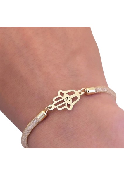 B Harfine Özel Hamsa Motifli 14 Ayar Altın Plakalı Hasır Kordonlu Hediye Bileklik-499Harf fırsatları