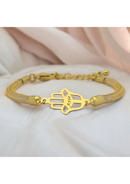 Ayşe İsmine Özel Hamsa Motifli 14 Ayar Altın Plakalı Hasır Kordonlu Hediye Bileklik-499İsim fiyatları