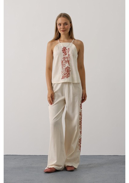 Boncuk Işlemeli Askılı Pantolon Takım