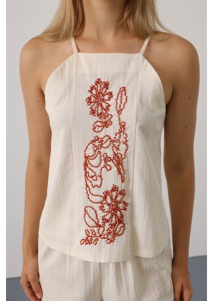 Boncuk Işlemeli Askılı Pantolon Takım