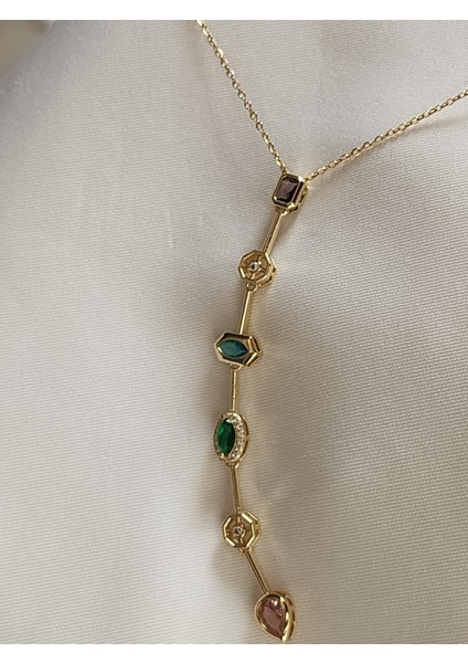 Y Kolye Çelik 316L Zirkon Taşlı Renkli Taş Gold
