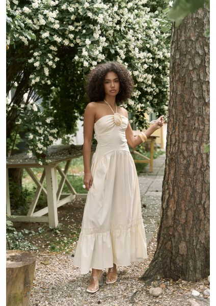 Elisa Gül Detay Sarı Uzun Elbise