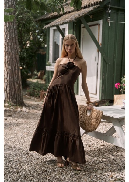 Elisa Gül Detay Koyu Kahve Uzun Elbise fiyatları