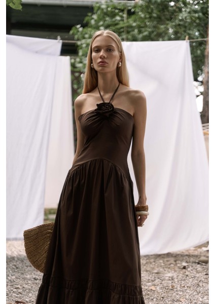 Elisa Gül Detay Koyu Kahve Uzun Elbise modelleri