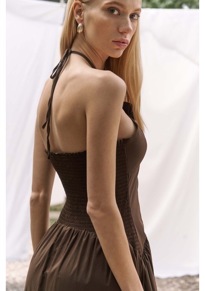 Elisa Gül Detay Koyu Kahve Uzun Elbise fırsatları