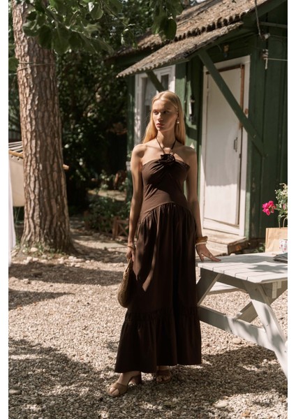 Elisa Gül Detay Koyu Kahve Uzun Elbise indirimleri